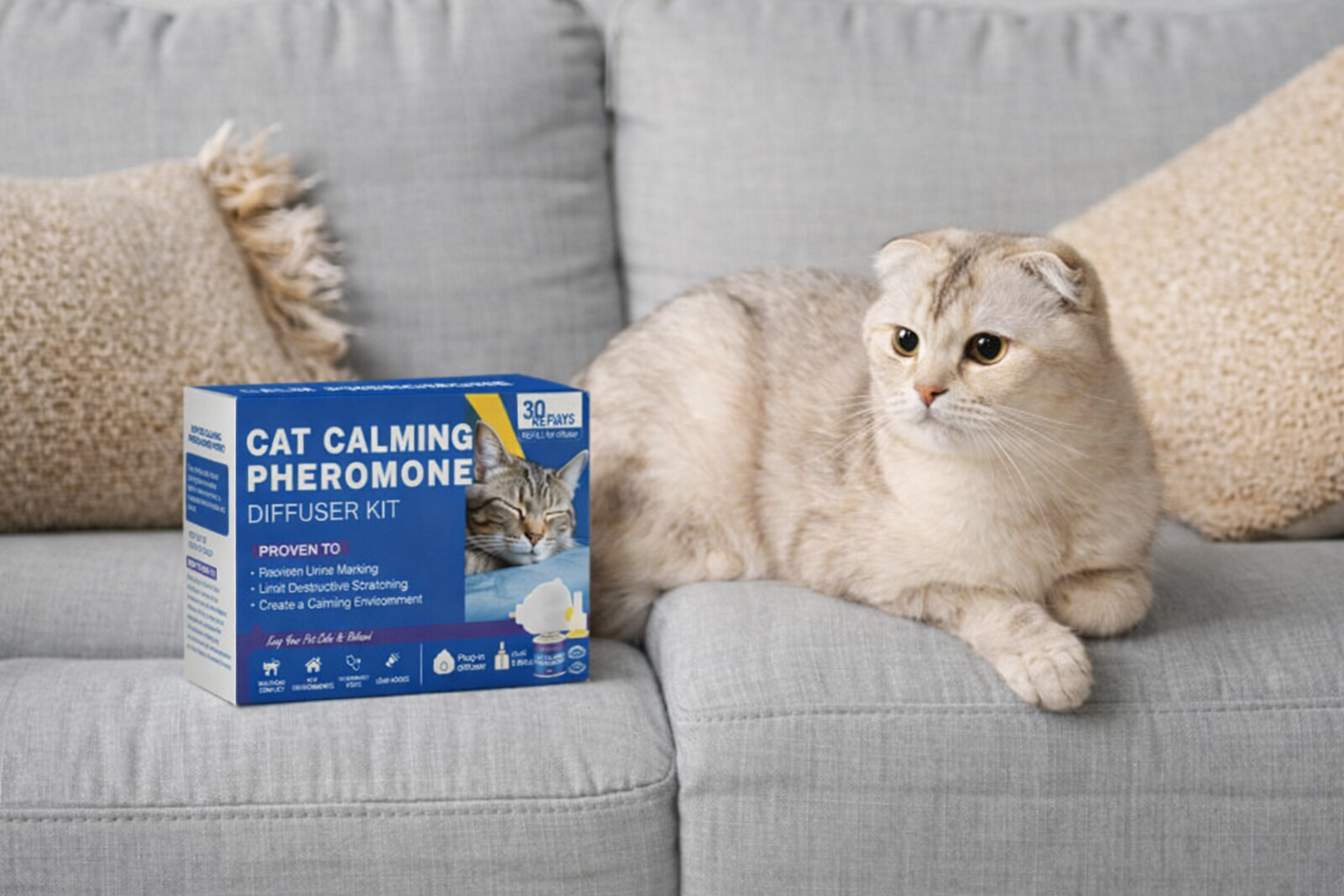 Chat apaisé avec produit PawZena